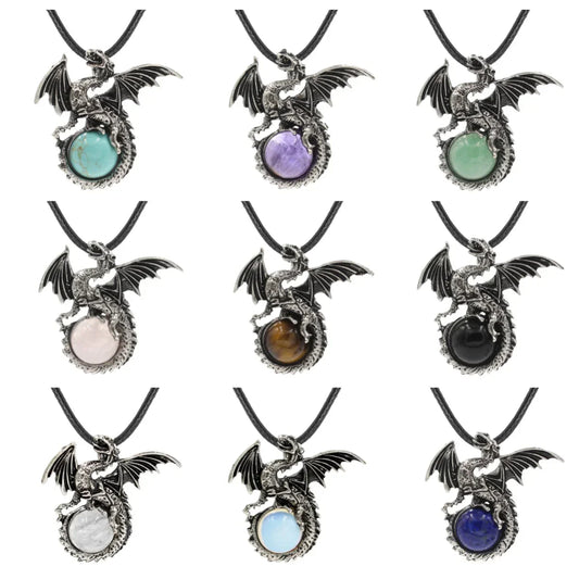 Chinese Dragon with Wings Gemstone Pendant Necklace – 45CM Black Cord Chakra Crystal Jewelry for Men and Women